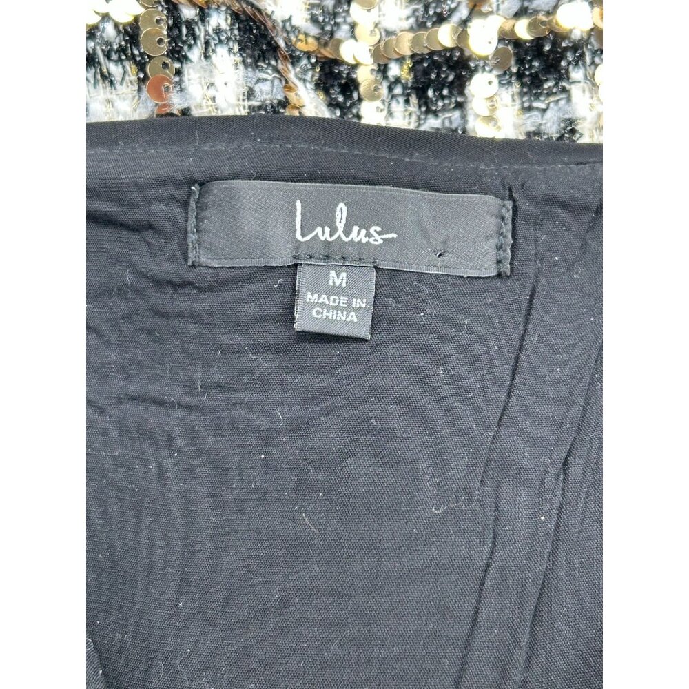 Lulus Black & Gold Sequin Plaid Mini Skirt M Side Zip Polyester Rayon - Picture 8 of 10